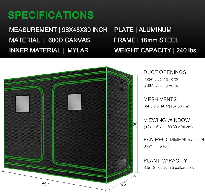MELONFARM 4x8 Grow Tent 96x48x80 High Reflective 600D Diamond Mylar Canvas with Observation Window and Floor Tray for Hydroponic Indoor Plant Growing