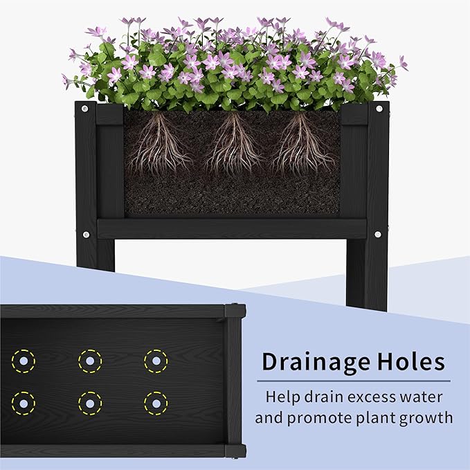 HDPE Raised Garden Bed with Legs All-Weather Outdoor Planter Box Easy to Assemble Drainage System Low Maintenance Non-Fading for Flower/Herb/Seed (Black)