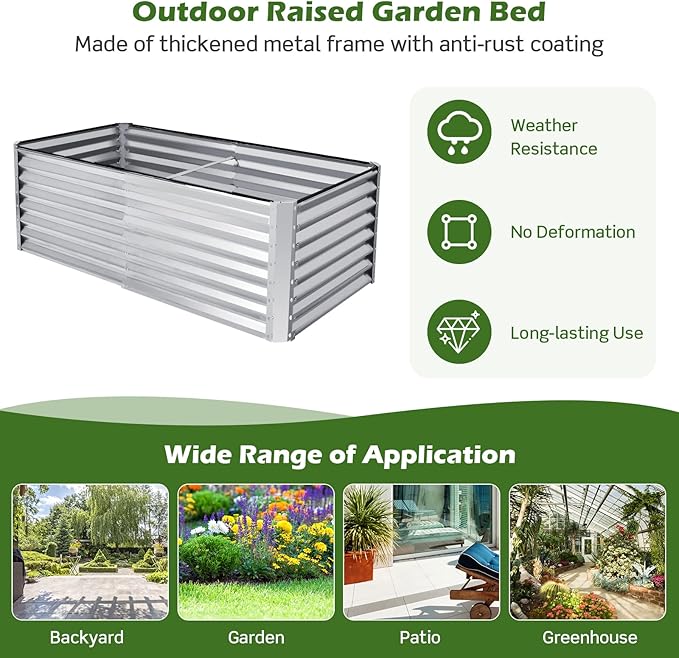 HAPPYGRILL 6x3x2 FT Raised Garden Bed Elevated Planter Box Kit with 4 Ground Stakes Outdoor Rectangular Metal Raised Garden Bed for Backyard Patio Vegetables Flowers Herbs Fruits Succulents
