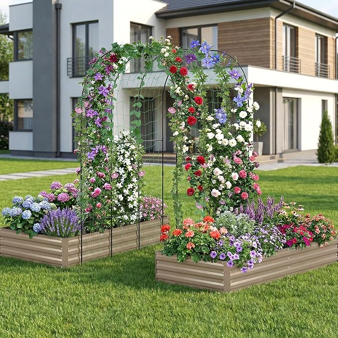 DTIG Galvanized Raised Garden Bed with Trellis 6×3×1 FT 2 Pack Outdoor Garden Bed Upgraded 4×3 Support Brown