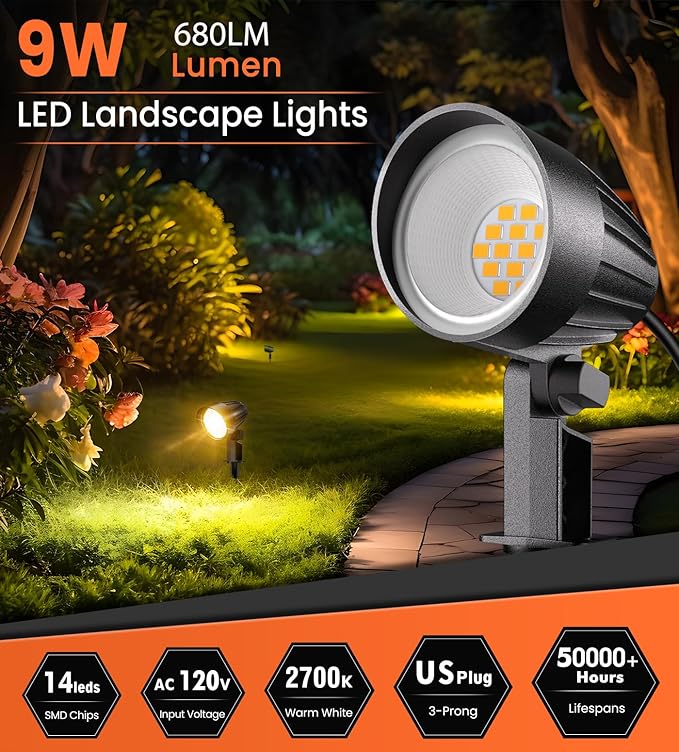 MEIKEE 9W LED Landscape Lights 120V Landscape Lighting with US 3-Prong Plug Warm White IP66 Waterproof Outdoor Garden Spotlights for Path Yard Walkway (2 Pack)