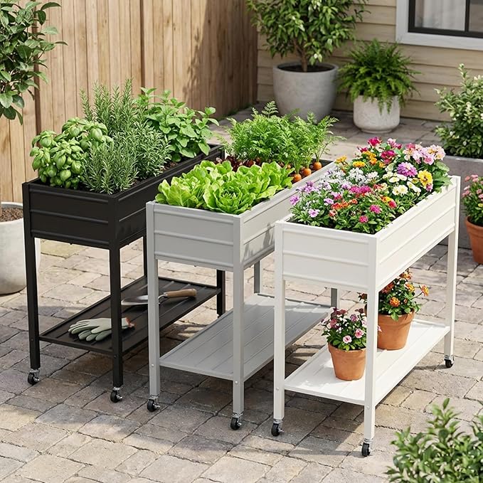 ZORMY 32 Tall Galvanized Raised Garden Bed with Legs Wheels &amp Shelf Elevated Planter Box Outdoor for Vegetables Herbs &amp Flowers Patio &amp Backyard Garden Bed with 400lb CapacityGrey
