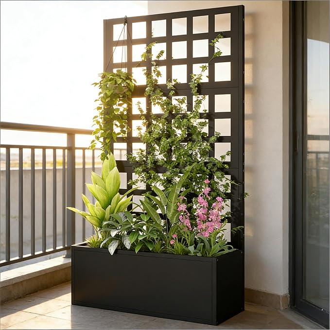 Galvanized Steel Raised Garden Bed with Trellis - Heavy-Duty Metal Planter Box for Vegetables &amp Climbing Plants Weather-Resistant Outdoor Vertical Garden Kit (Black)