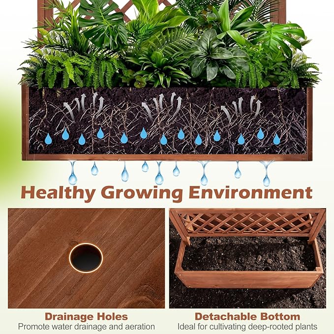Giantex Raised Garden Bed with Trellis 72'' Wooden Planter Box Outdoor w/Privacy Screen Roof Large Vertical Garden Planter w/Drainage Holes for Climbing Plants Patio Balcony Backyard