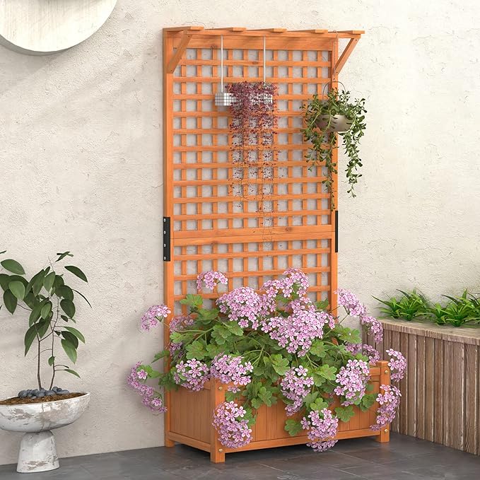 Giantex 2 Pcs Raised Garden Bed with Trellis &amp Roof 72.5 Wooden Garden Bed High Trellis for Plant Flower Climbing Pot Hanging Indoor &amp Outdoor Planter Box for Yard Garden Balcony