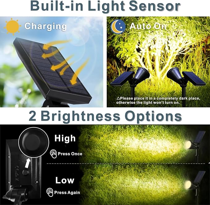 Solar Landscape Spotlights Outdoor Bright 7-LED Solar Lights Dusk-to-Dawn Waterproof Solar Powered Flag Pole Lights Adjustable 2-in-1 Outdoor Wall Light for Tree House Yard Garden (Yellow+White)
