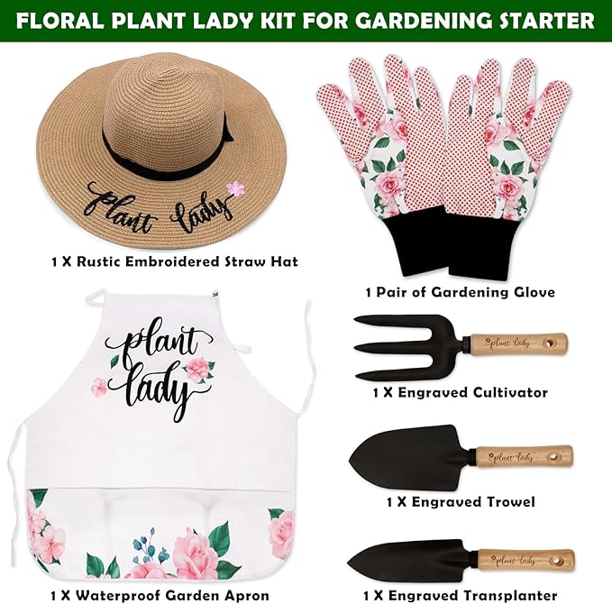 Percozzi Plant Lady Gardening Tool Gifts for Mom Gardening Tools Kit Planting Tools Straw Hat Floral Apron Glove for Her Mother Spring Grandmother Plant Lover Gift Horticulture Starter