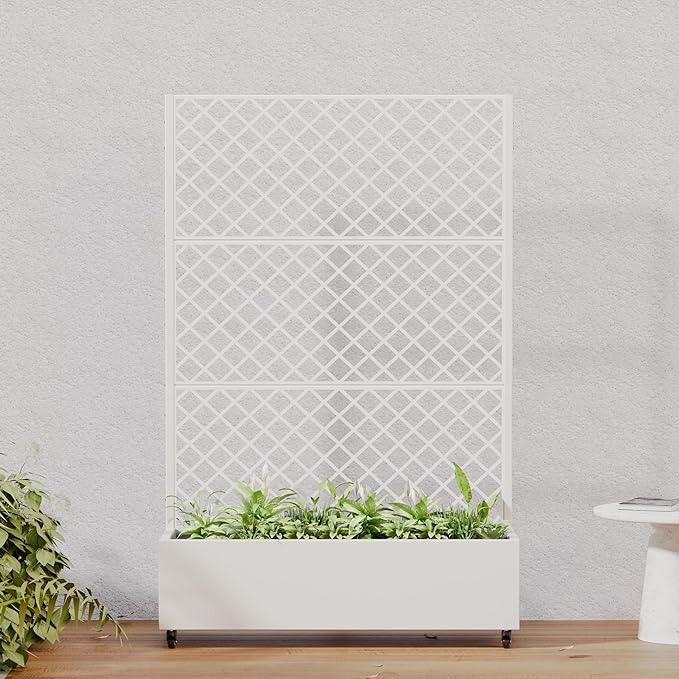 Casaphoria Metal Raised Garden Bed with Trellis and Wheels 72x47x16 Arched Planter Box for Climbing Plants Vegetables &amp Vines Features Drainage Holes and Privacy Screen White-Rhombus