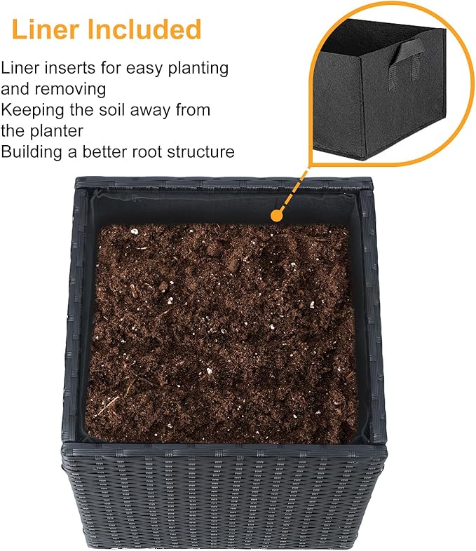 SUNNYPARK Set of 2 Large Square Planter with Removable Liner All-Weather PE Rattan Modern Planters Indoor Outdoor Flower Plant Pots Garden Box Patio Yard Front Porch Deck