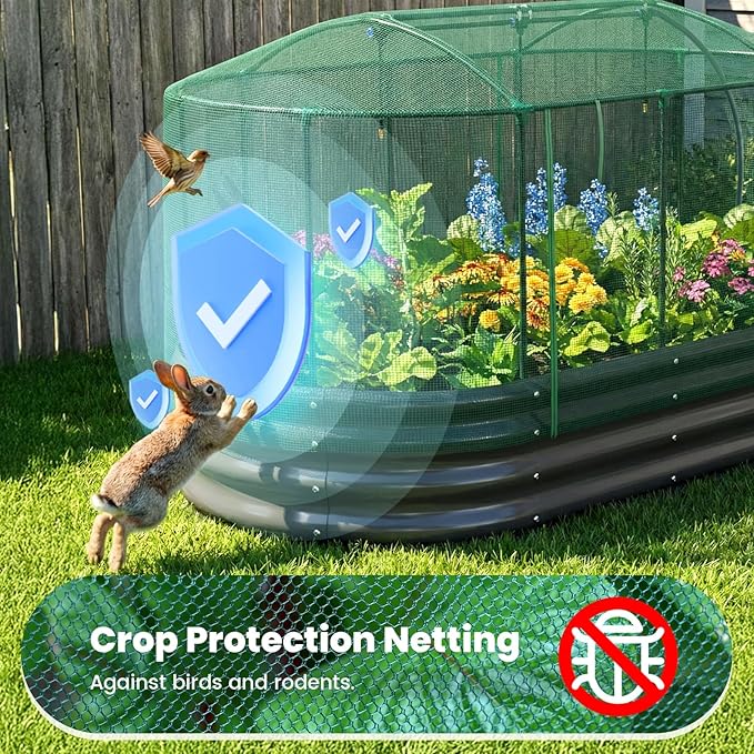 Quictent Galvanized Raised Garden Bed Kit with Self Watering System and Mesh Cover Large Oval Metal Outdoor Planter Garden Boxes for Vegetables Herbs Flowers 6x3x1Ft