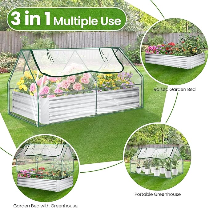 SEJOV 6x3x1ft Galvanized Raised Garden Bed with Cover &amp 2 Large Windows Mini Greenhouses for Outdoors Metal Planter Box Kit for Vegetables Flowers Herbs 1 Pair of Gloves Included Clear