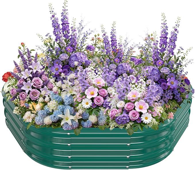 Hexagon Raised Garden Bed 48 Inch Diagonal &amp 12 Inch Tall Galvanized Steel Planter Box with Wave-Shaped Metal Panels for Outdoor FlowerTreeHerb &amp Vegetable Garden (Dark Green 4FT X 1FT)