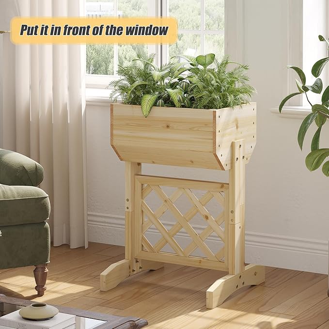 Raised Garden Bed with Diamond Lattice TrellisWood Planter Box Stand for Backyard Patio BalconyOutdoors (Natural)
