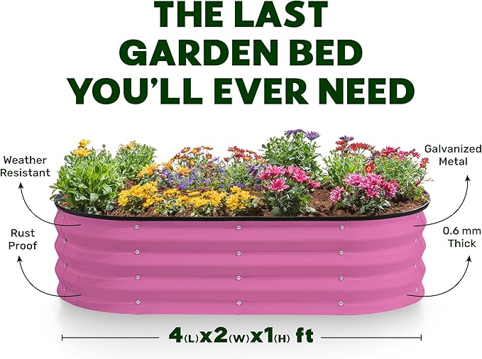Plant &amp Plot Galvanized Raised Garden Beds Outdoor // 4×2×1 ft &amp 4×4×1 ft Planter Raised Beds for Gardening Vegetables Flowers // Large Metal Garden Box (Pink)