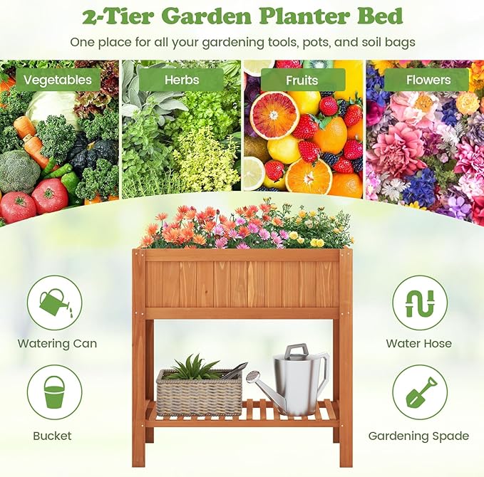 2-Tier Elevated Garden Planter Bed Fir Raised Garden Bed Outdoor with Legs &amp Storage Shelf for Vegetables Flowers &amp Herbs Wooden Planter Box Raised Bed for Gardening Balcony &amp Porch