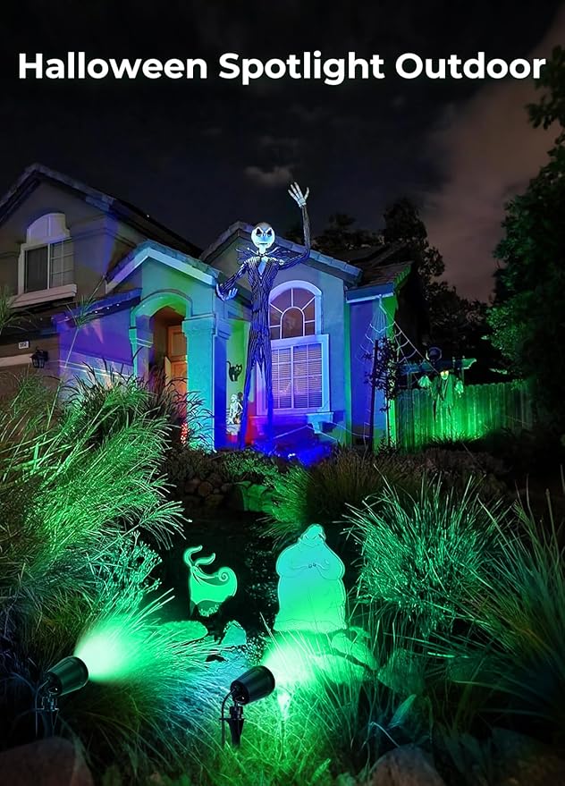 Halloween Spotlights Outdoor 120V Plug-in Christmas Spot Light 5000K LED Landscape Lighting with 5 Color Lenses (Red Green Blue Purple Yellow) IP67 Waterproof 2 Pack