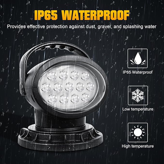 AUXTINGS 360 Degree LED Spotlight Search Light LED Rotating Remote Control Work Light with Magnetic Base for SUV Boat Home Security Protection Emergency Lighting Farm Field Garden