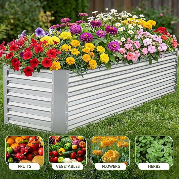 8x2x2ft Raised Garden Bed - Galvanized Deep Root Planter Boxes Outdoor with Wing Nuts and Safety Edges for Gardening Vegetables Flowers Herbs Succulents - Silver