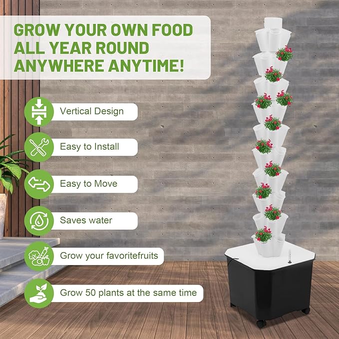 10 Layer Hydroponic Towers Growing System 50 Pods Hydroponic Grow Towers Kit with Water Pump and Movable 11.89Gal Water Tank Indoor/Outdoor for Vegetable Strawberries Lettuce (White)