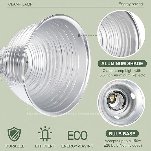 Macarrie 8 Pack Clamp Lamp Light with Aluminum Reflector 6ft SPT-2 18awg Cord and Adjustable Stand Fixture up to 150 Watt E26 Socket No Bulb(5.5 Inch)
