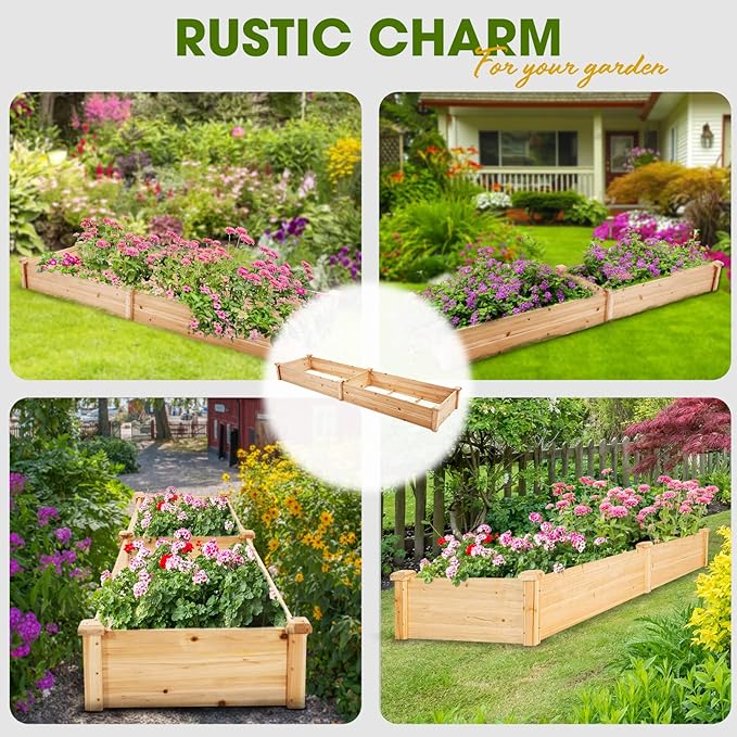 IDZO Combo Raised Garden Bed with Wax Oil Coated 96 Inches Wood Planter with Non-Woven Lining + Metal Obelisk Trellis for Climbing Plants