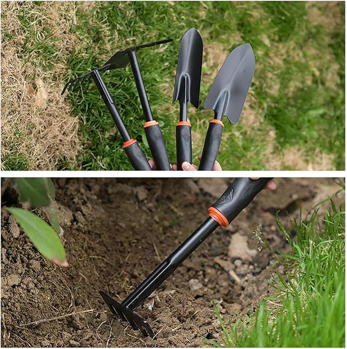 Garden Tools Set 4 Piece Gardening Hand Kit Includes Garden Shovel Hand Trowel Rake Dual-Purpose Hoe Gardening Tools Gift for Women Men