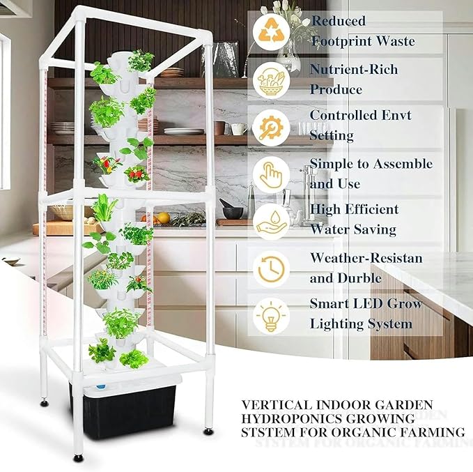 Hydroponic Culture of Tower 8 -Sections LED Timed Growth Light 40 -Piece Nursery Germination Kit - Herbs Fruits and Vegetables - Hydratant Pump