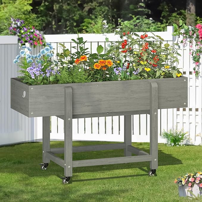 LUE BONA Raised Garden Bed with Wheels 48 * 16.7 * 28 in Poly Elevated Outdoor Planter Box with Tools Weather Resistant Standing Growing Bed Herb Planter for Vegetable Flowers Fruits