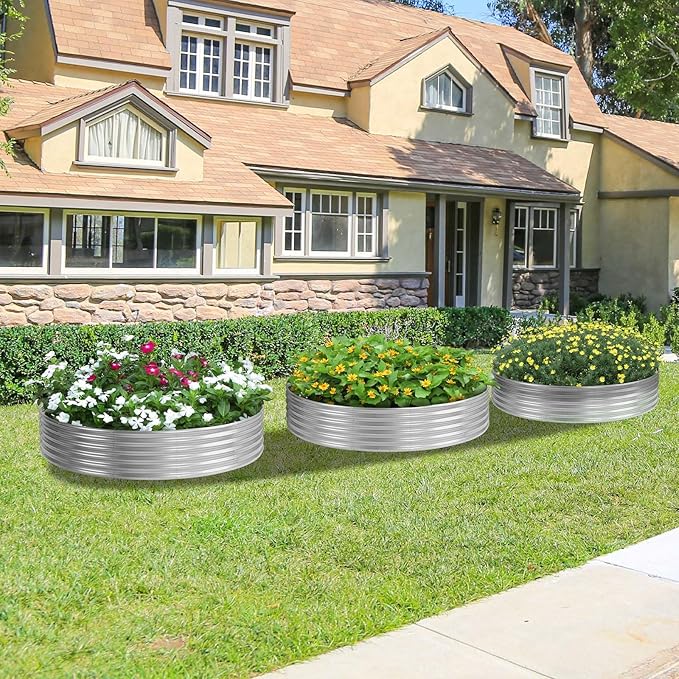 PINPON 5x5x1ft Round Galvanized Raised Garden Bed Outdoor Large Metal Planter Box for Vegetables Sturdy Above Ground Garden Bed for Backyard Patio and Fire Pit Ring