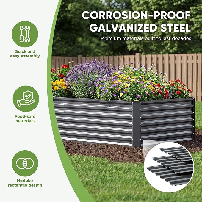 Galvanized Raised Garden Bed Outdoor 8x4x2ft Large Raised Bed for Gardening Metal Planter Box for Vegetables Fruits Flowers and Herb Easy Assembly Food Grade Materials Dark Gray