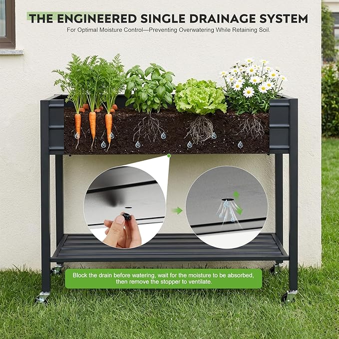 ZORMY 32 Tall Galvanized Raised Garden Bed with Legs Wheels &amp Shelf Elevated Planter Box Outdoor for Vegetables Herbs &amp Flowers Patio &amp Backyard Garden Bed with 400lb CapacityBlack