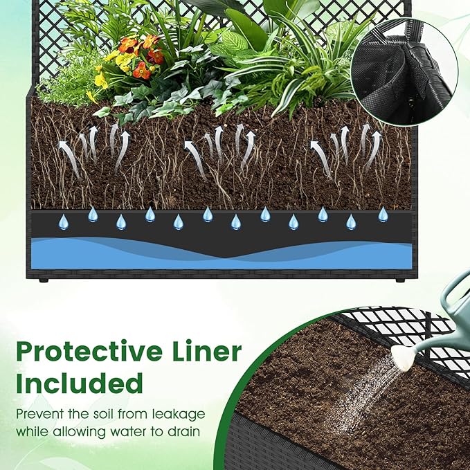 Happygrill Raised Garden Bed with Trellis 58 Wicker Planter Box with Privacy Screen Liner Drainage for Patio Balcony Outdoor PE Rattan Elevated Garden Bed for Climbing Plant Vine Flower (Black2)