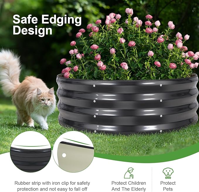 Galvanized Raised Garden Bed- 2Pcs Metal Planter Boxes Outdoor | 12 Tall 36 Round Steel Raised Bed Kit &amp Fire Pit Ring for Gardening with Protective Tape for Vegetables Flower (Grey)