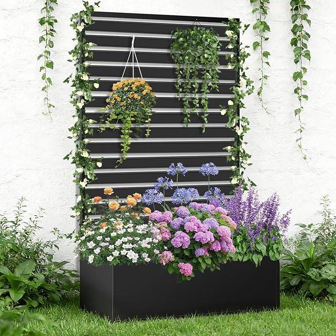 Metal Raised Garden Bed with Trellis 2 in 1 Trellis with Planter Box &amp Privacy Screen for Climbing Plants Vine Outdoor Standing Flower Beds with Drainage Holes 35 L x 16 W x 71 H Black