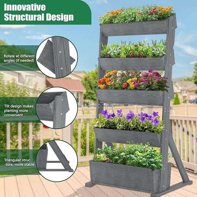 SUNYRISY 5 Tiers Vertical Raised Garden Bed Outdoor Planter Tower Wooden Freestanding Planter Box for Planting Herbs Flowers Vegetables Backyard Patio Balcony Indoor Outdoor Gardening Grey