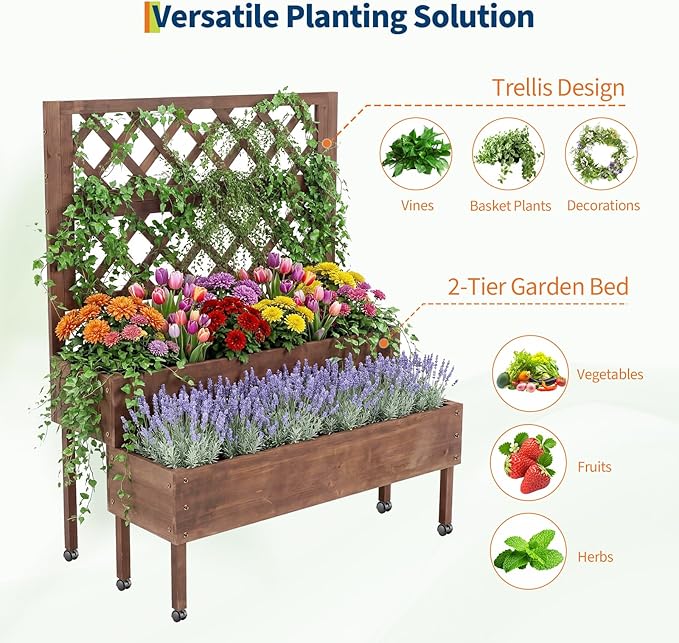 41.93x22.44x54.13 Raised Garden Bed with Trellis 2-Tier Planter Box with Legs Elevated Wood Planter Box Stand for Backyard Patio Balcony with Wheels Drainage Holes Brown