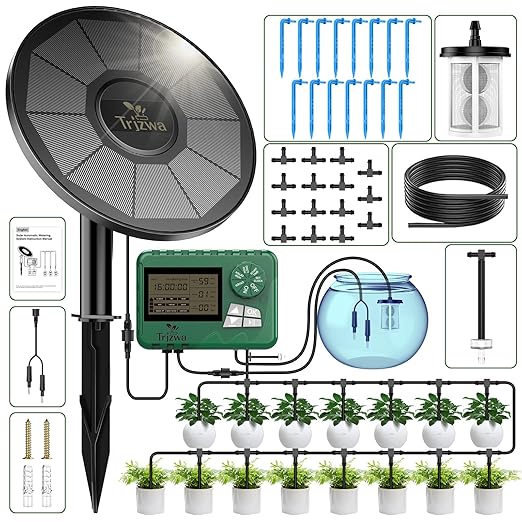 Solar Irrigation System Kit with Automatic Watering Computer Drip Irrigation for Garden Balcony Greenhouse Supports 15 Potted Plants 15 Meter Hose