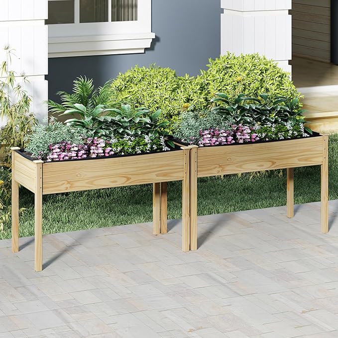 S AFSTAR 2 Pieces Wooden Raised Garden Bed with Legs Planter Box with Liner &amp Drainage Holes for Vegetable Flower Herb Indoor Outdoor Elevated Gardening Box for Backyard Patio Balcony