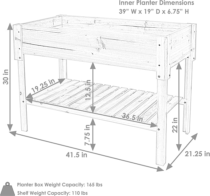 Sunnydaze 42-Inch Wooden Outdoor Raised Garden Bed with Lower Shelf for Flowers Herbs and Vegetables - Stained Finish