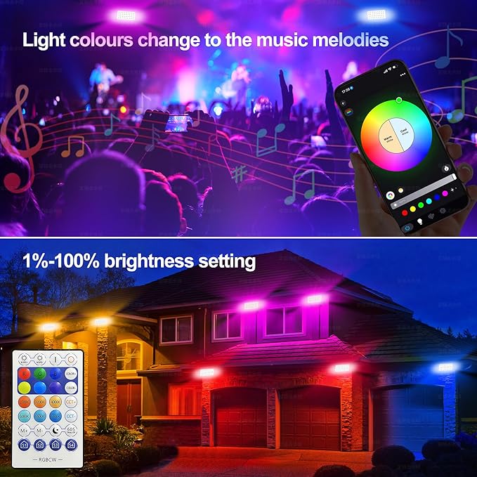 Smart Flood Light Outdoor LED Light Bar RGBCW Color Changing 2700K-6500K Dimmable IP65 Waterproof App &amp Voice Control Music Sync Group Timer Wall Washer Landscape Spotlight