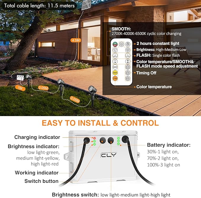 CLY Solar Landscape Spotlights Solar Lights Outdoor IP66 Waterproof Remote Control 2 Dynamic Modes 3 Brightness Adjustable 2700-6500K Auto On/Off 11M Cable for Garden Pathway Trees Flag 3 in 1