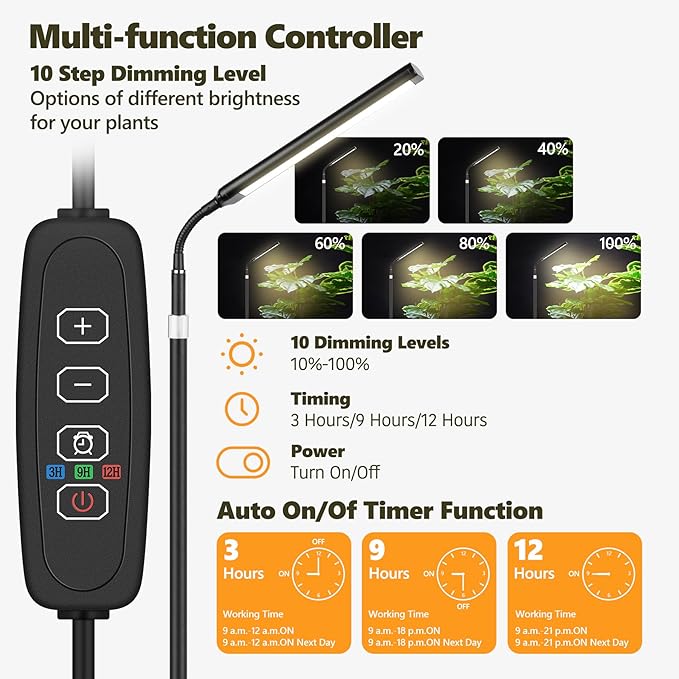 Grow Light for Indoor Plants Full Spectrum LED Grow Light with Stand Auto On/Off Timer Height Adjustable Floor Plant Lamp with Gooseneck 10-Level Dimmable Light for Small Tall Houseplants