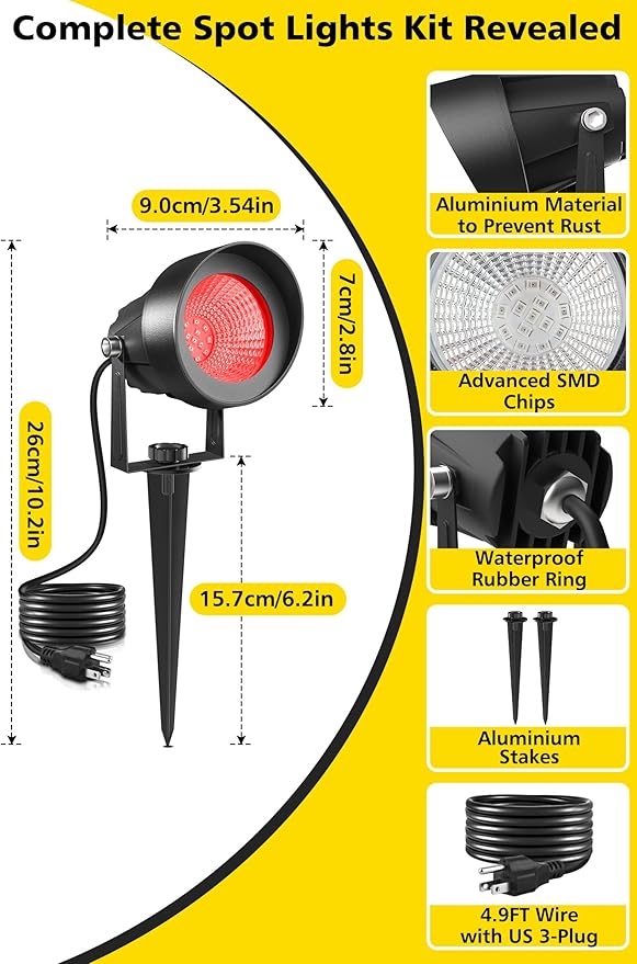 T-SUN Red Spotlight Outdoor Waterproof LED Landscape Lighting with US Plug Easy Install 270° Adjustable Outdoor Spot Lights for Garden Tree Yard Decor