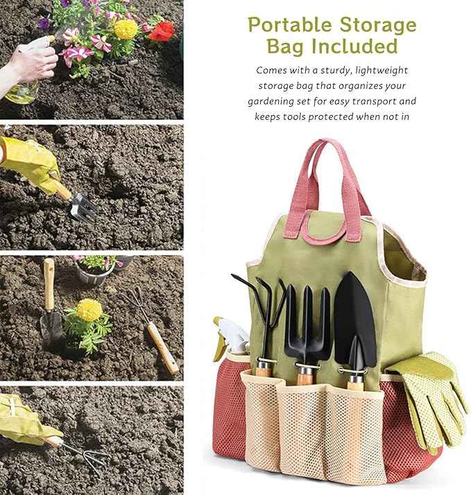 Gardening Tool Kit - 9-Piece Heavy Duty Garden Tool Sets with Ergonomic Non-Slip Grips Rust-Resistant Shovel Trowel Rake Pruner &amp Storage Bag