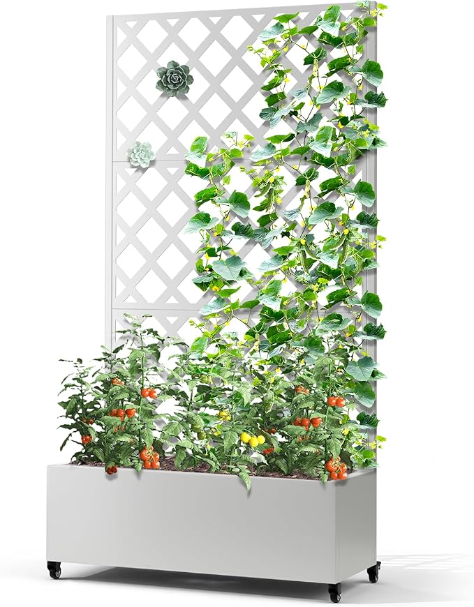Metal Planter Box with Trellis &amp Wheels Raised Garden Bed with Privacy Screen Outdoor Standing Flower Beds with Drainage Hole for Climbing Plants Vine 35.4 L x 15.7 W x 70.9 H White