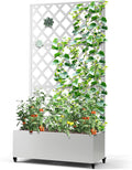 Metal Planter Box with Trellis &amp Wheels Raised Garden Bed with Privacy Screen Outdoor Standing Flower Beds with Drainage Hole for Climbing Plants Vine 35.4 L x 15.7 W x 70.9 H White