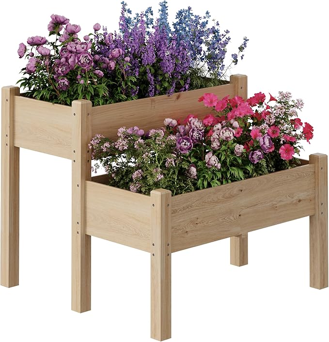 GarveeLife 34x34x29inches Two-Tier Wooden Raised Garden Bed with Legs Large Elevated Outdoor Planter Box with 8 Drainage Holes 352 Lbs Capacity for Vegetables Herbs Flowers Backyard Patio