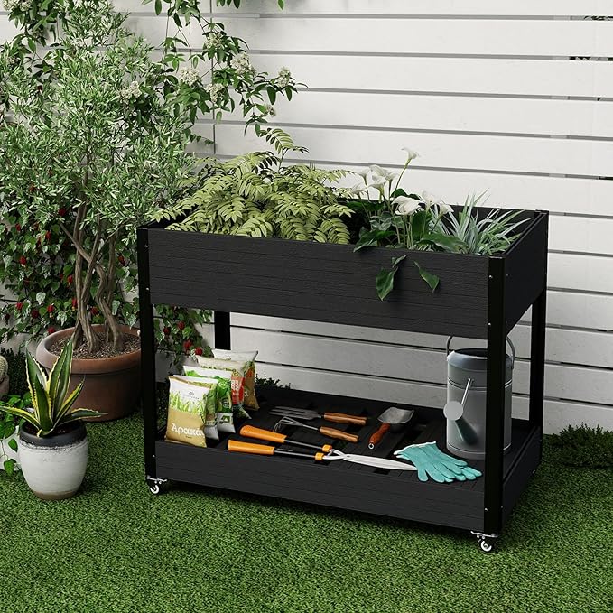 mondaria Mobile Raised Garden Bed 48x24x34 Elevated Planter with Lockable Wheels Wood Plastic Composite Standing Garden Container for Backyard PatioBlack