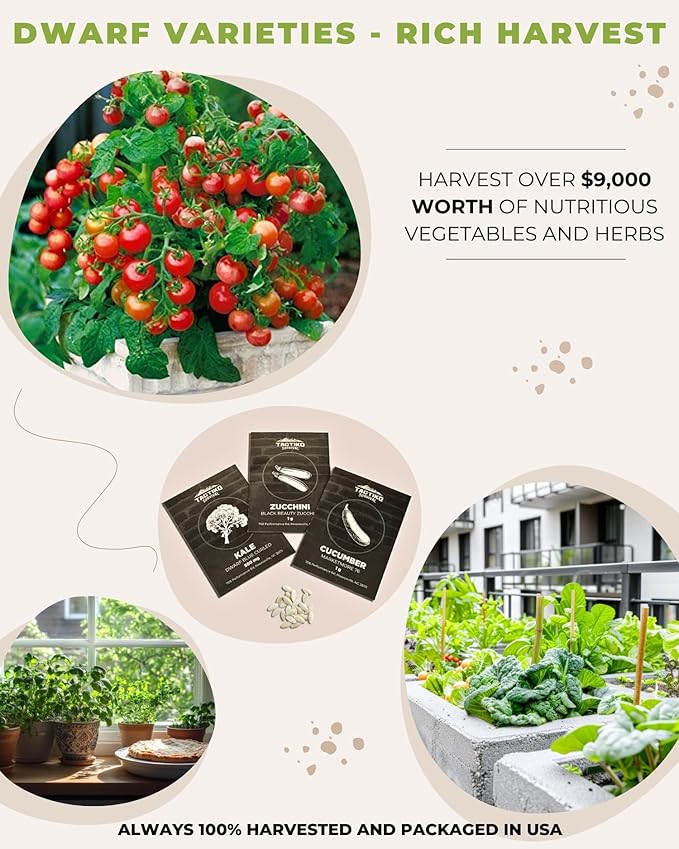 Tactiko Survival 15 Vegetable Seed Kit Varieties for Small Urban Garden Balconies &amp Patios - Non-GMO Heirloom - Popular USA-Grown Dwarf Seeds for Planting Vegetables - Indoor Outdoor