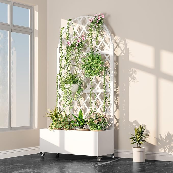 Raised Garden Bed with Trellis Metal Planter Box with Drainage Hole and Wheels Privacy Screen Rust-Resistant Trellis Planter for Climbing Plants Vegetable Vines Space-Saving White